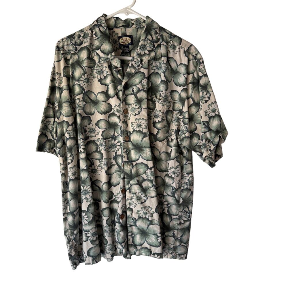 Tommy Bahama Floral Hawaiian‎ Shirt Green White Rayon Cotton Aloha Sz L